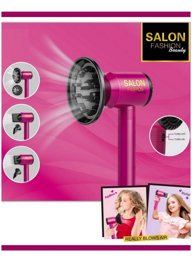 DAT Salon Fashion Beauty Kids Hair Dryer Play Set with Attachments, Pretend Blow Dryer + Mirror & Scissors, Role Play Styling Toy for Girls 3+ - Image 2